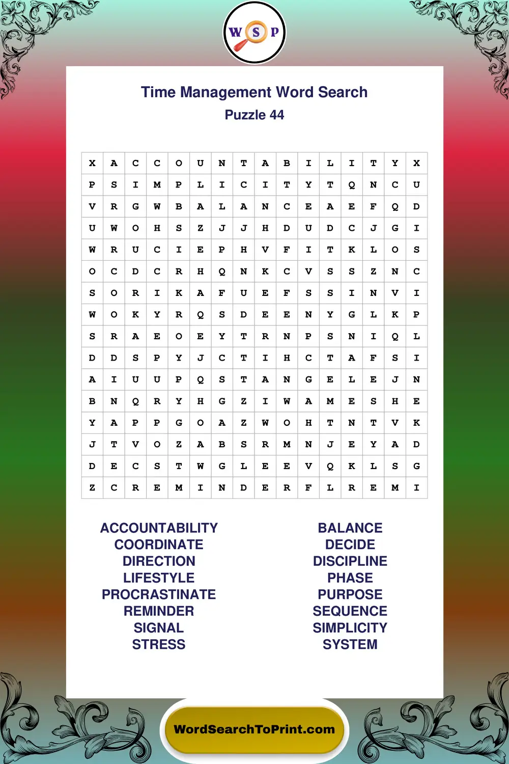 Time Management Word Search Puzzle 44
