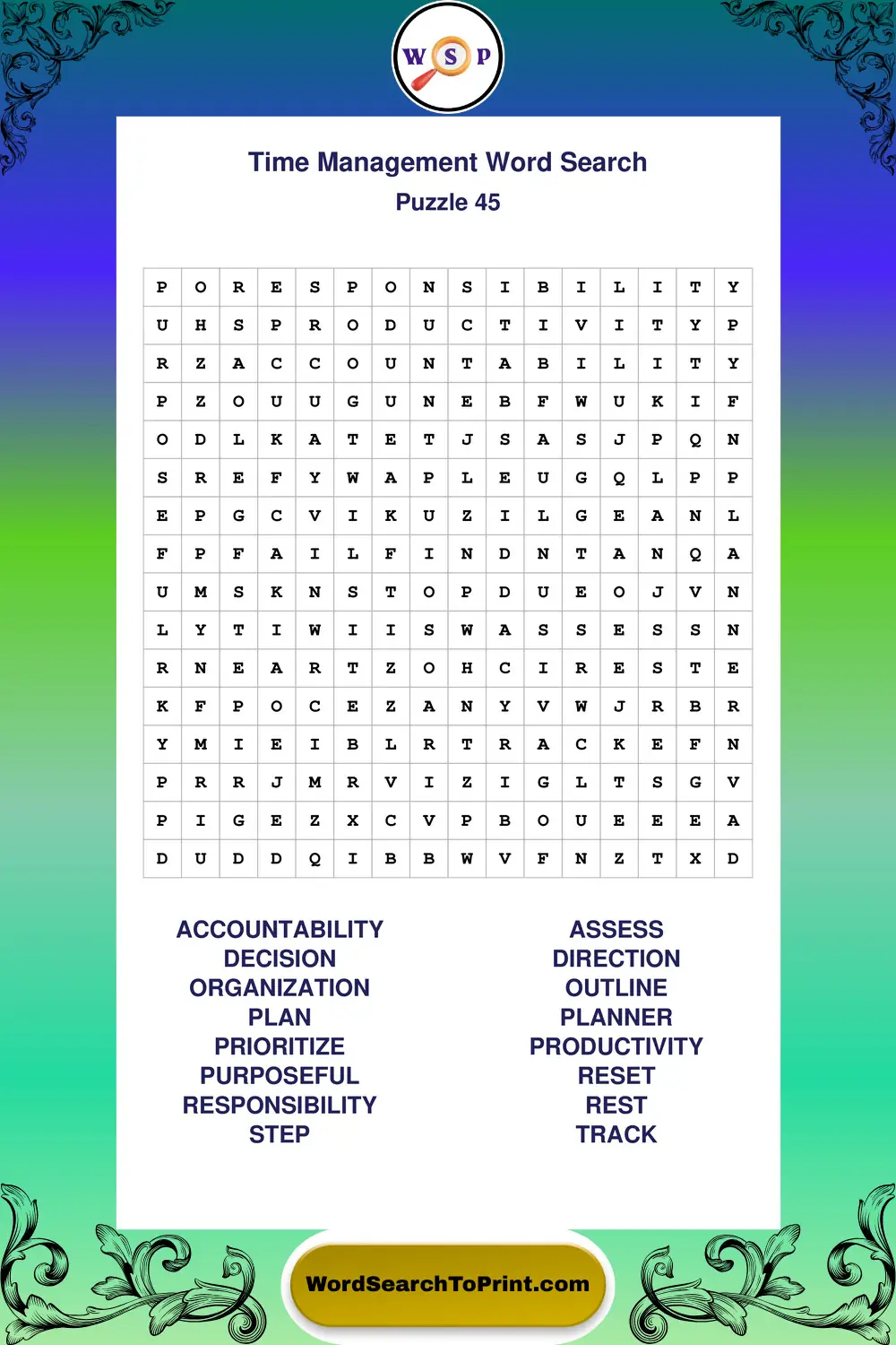 Time Management Word Search Puzzle 45