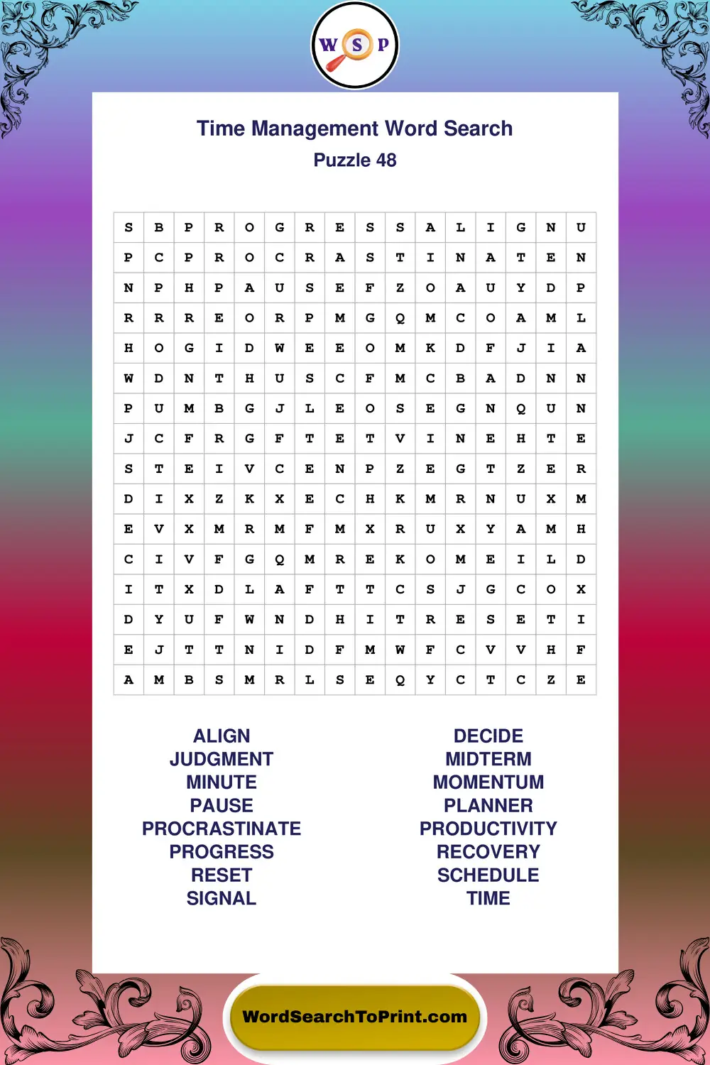 Time Management Word Search Puzzle 48