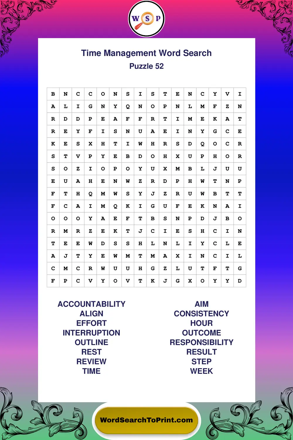 Time Management Word Search Puzzle 52