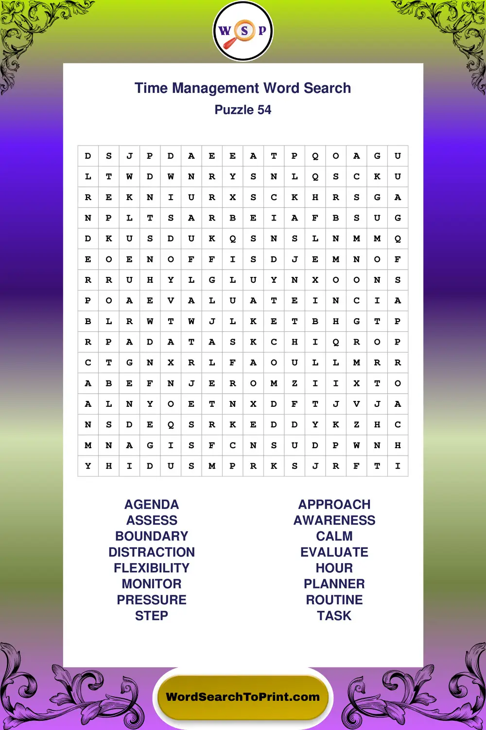 Time Management Word Search Puzzle 54