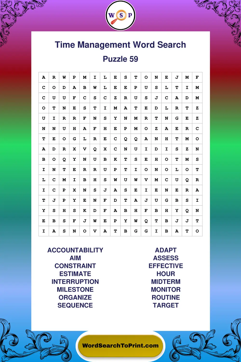 Time Management Word Search Puzzle 59
