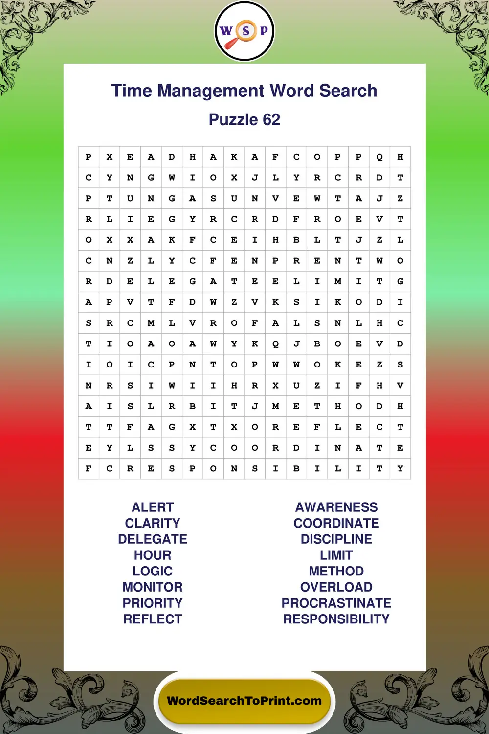 Time Management Word Search Puzzle 62