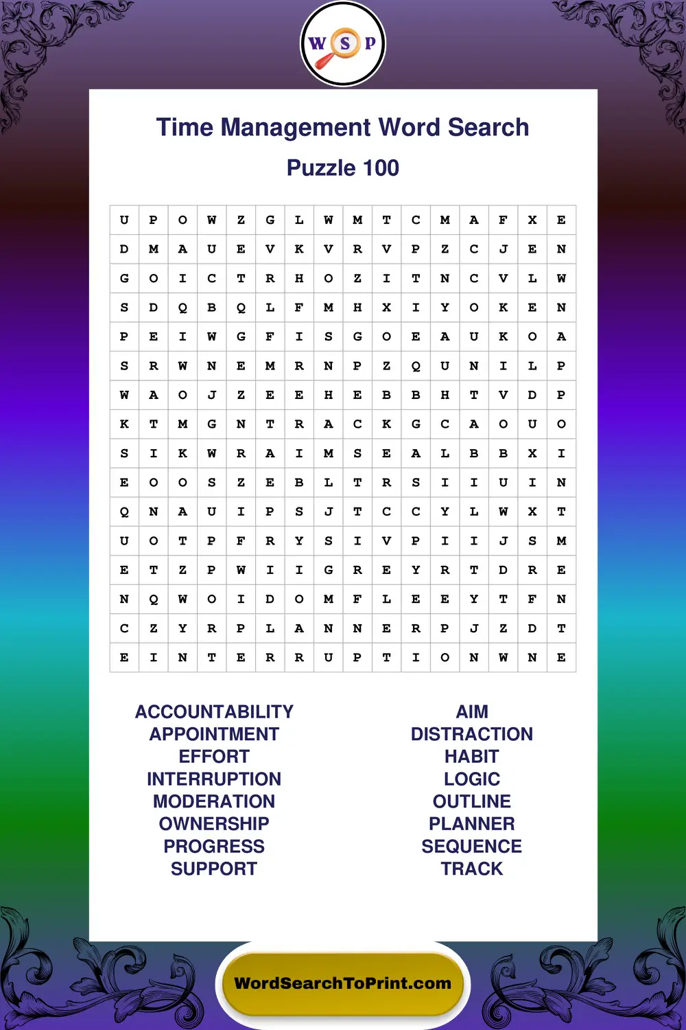 Time Management Word Search Puzzle 100