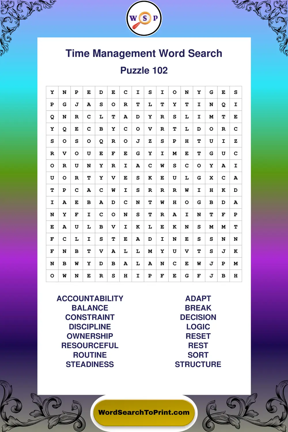 Time Management Word Search Puzzle 102