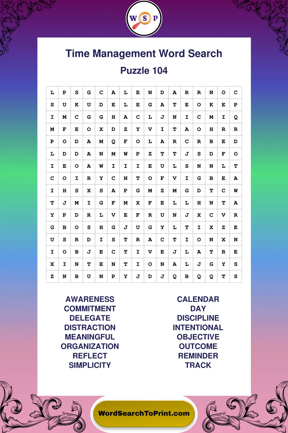 Time Management Word Search Puzzle 104