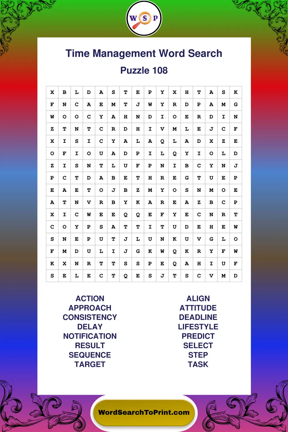 Time Management Word Search Puzzle 108
