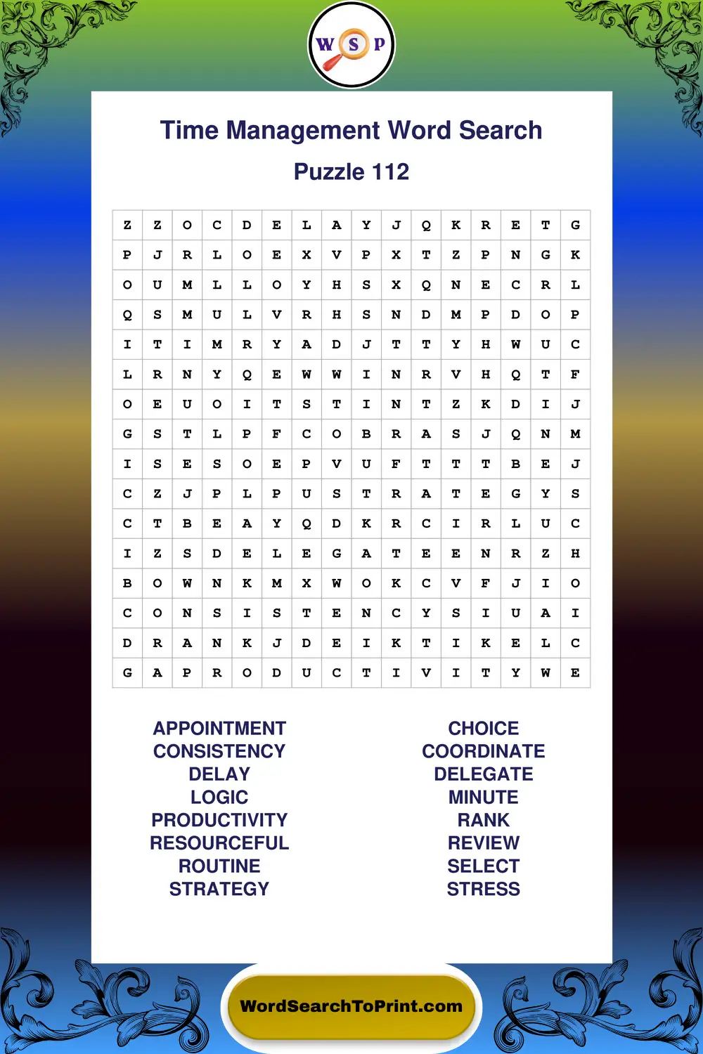 Time Management Word Search Puzzle 112