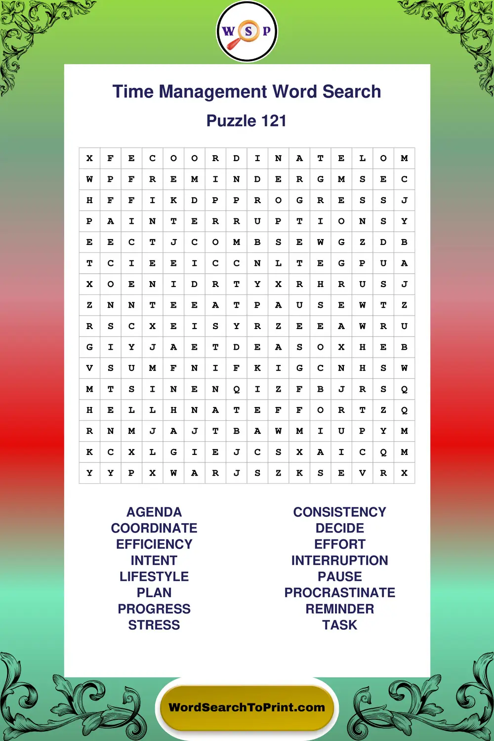 Time Management Word Search Puzzle 121