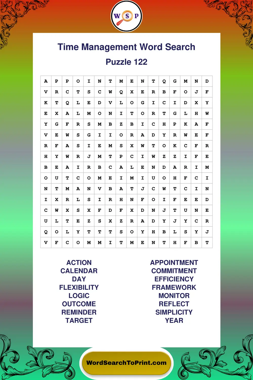 Time Management Word Search Puzzle 122