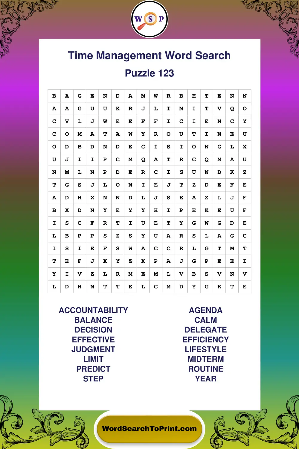 Time Management Word Search Puzzle 123