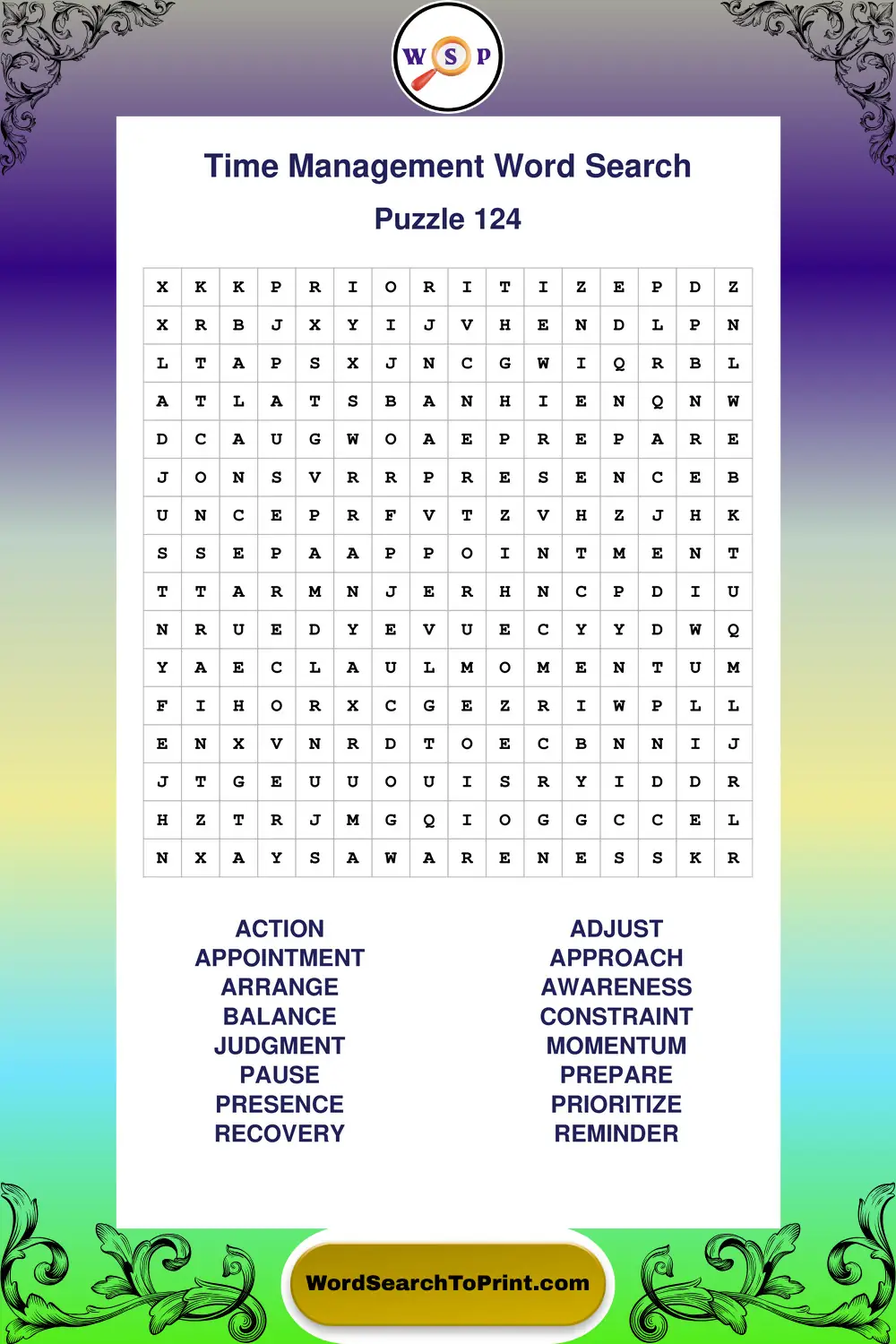 Time Management Word Search Puzzle 124