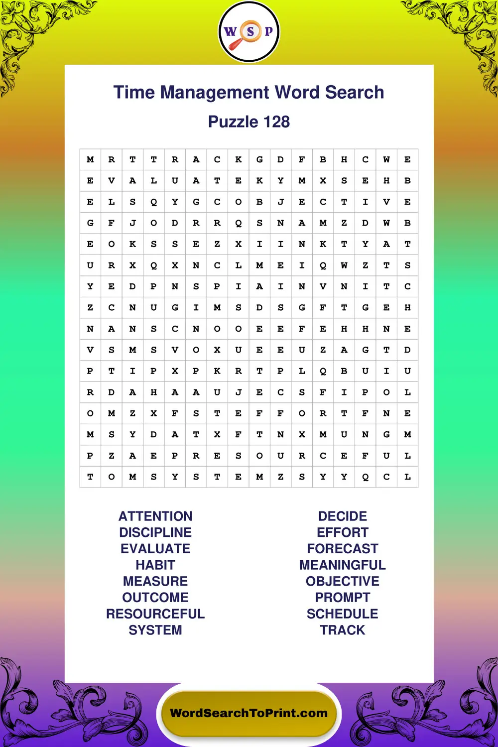 Time Management Word Search Puzzle 128