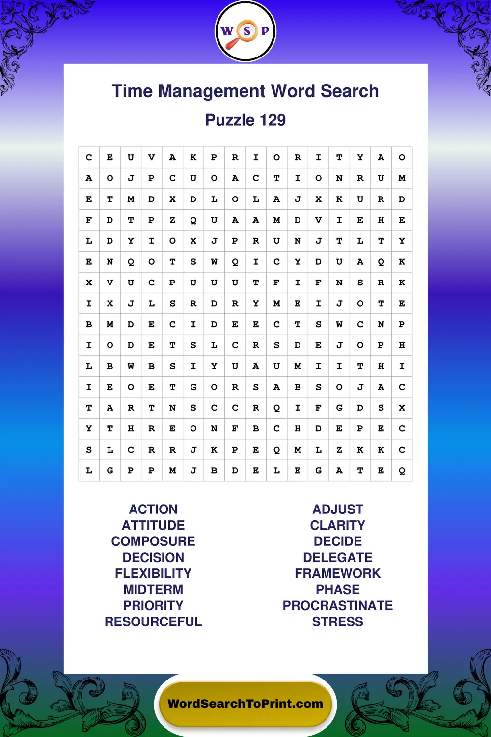 Time Management Word Search Puzzle 129