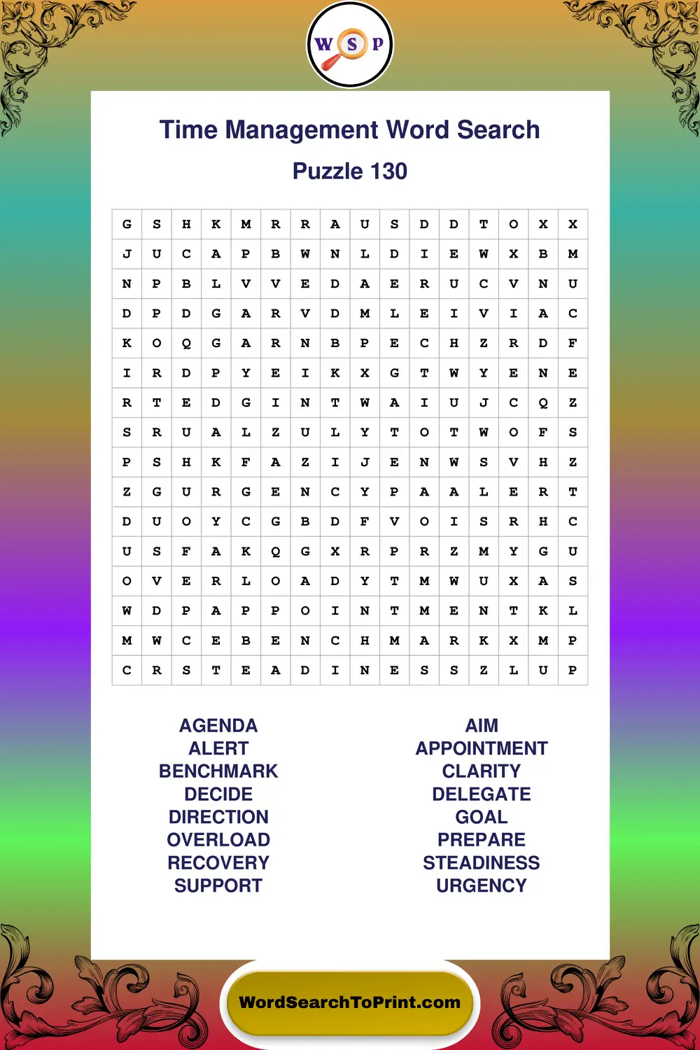 Time Management Word Search Puzzle 130