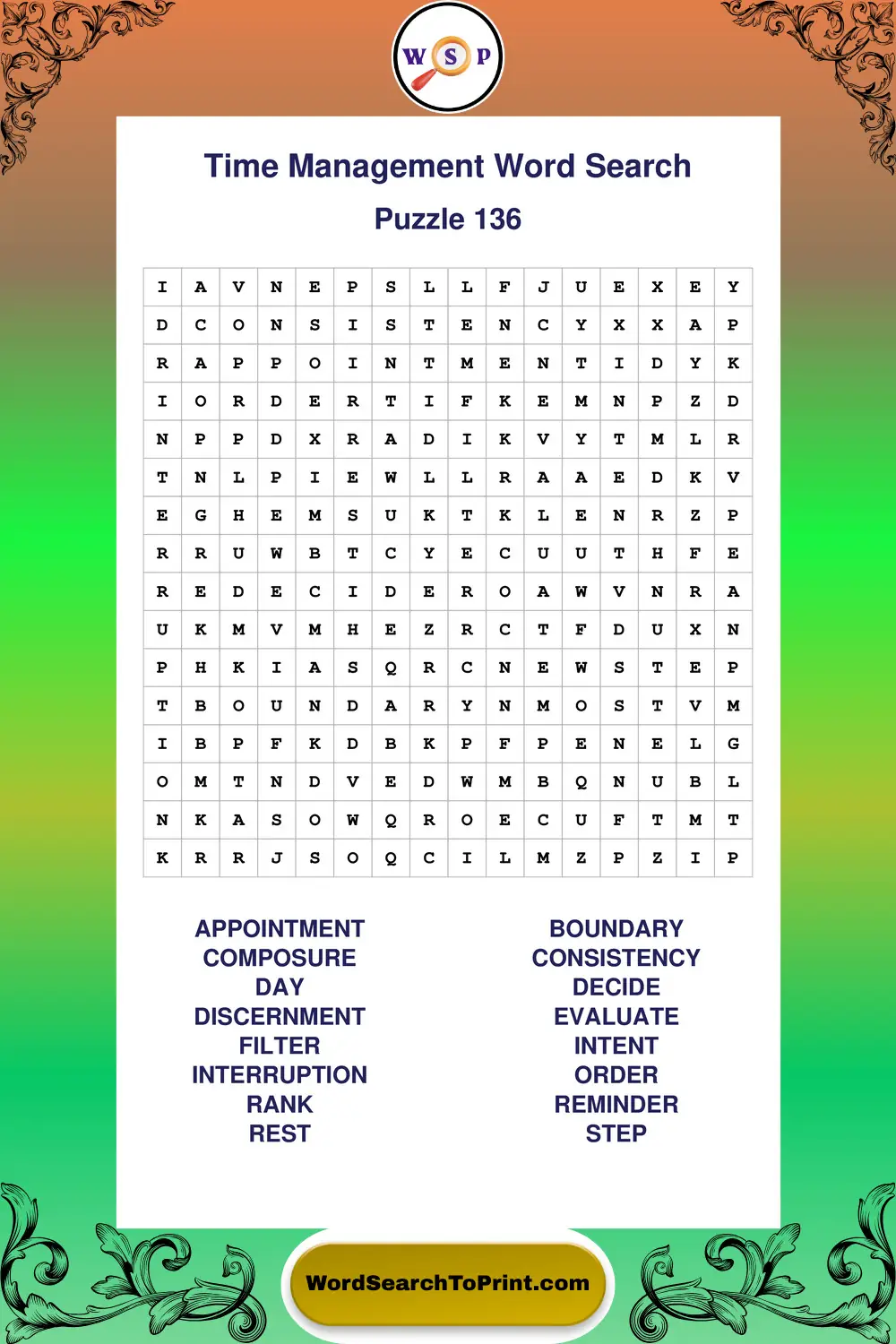 Time Management Word Search Puzzle 136