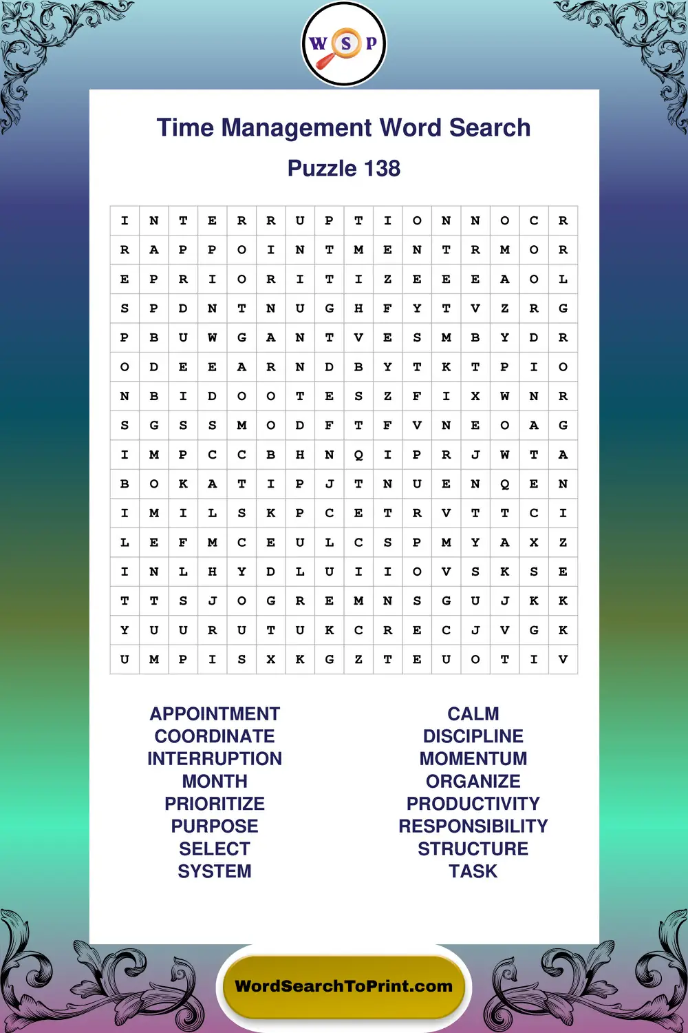 Time Management Word Search Puzzle 138