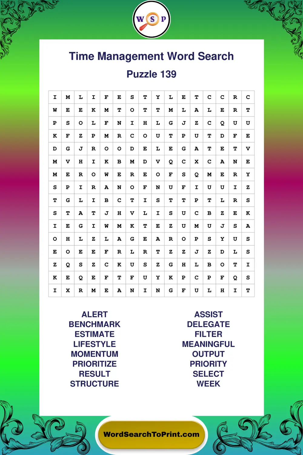 Time Management Word Search Puzzle 139