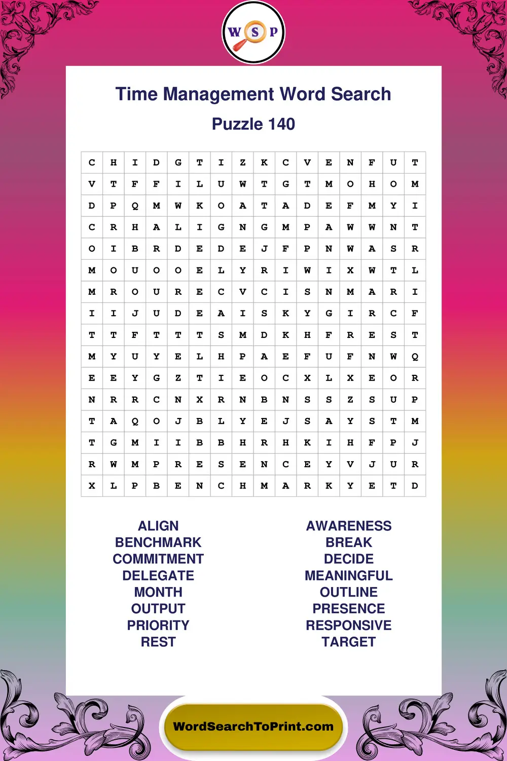 Time Management Word Search Puzzle 140