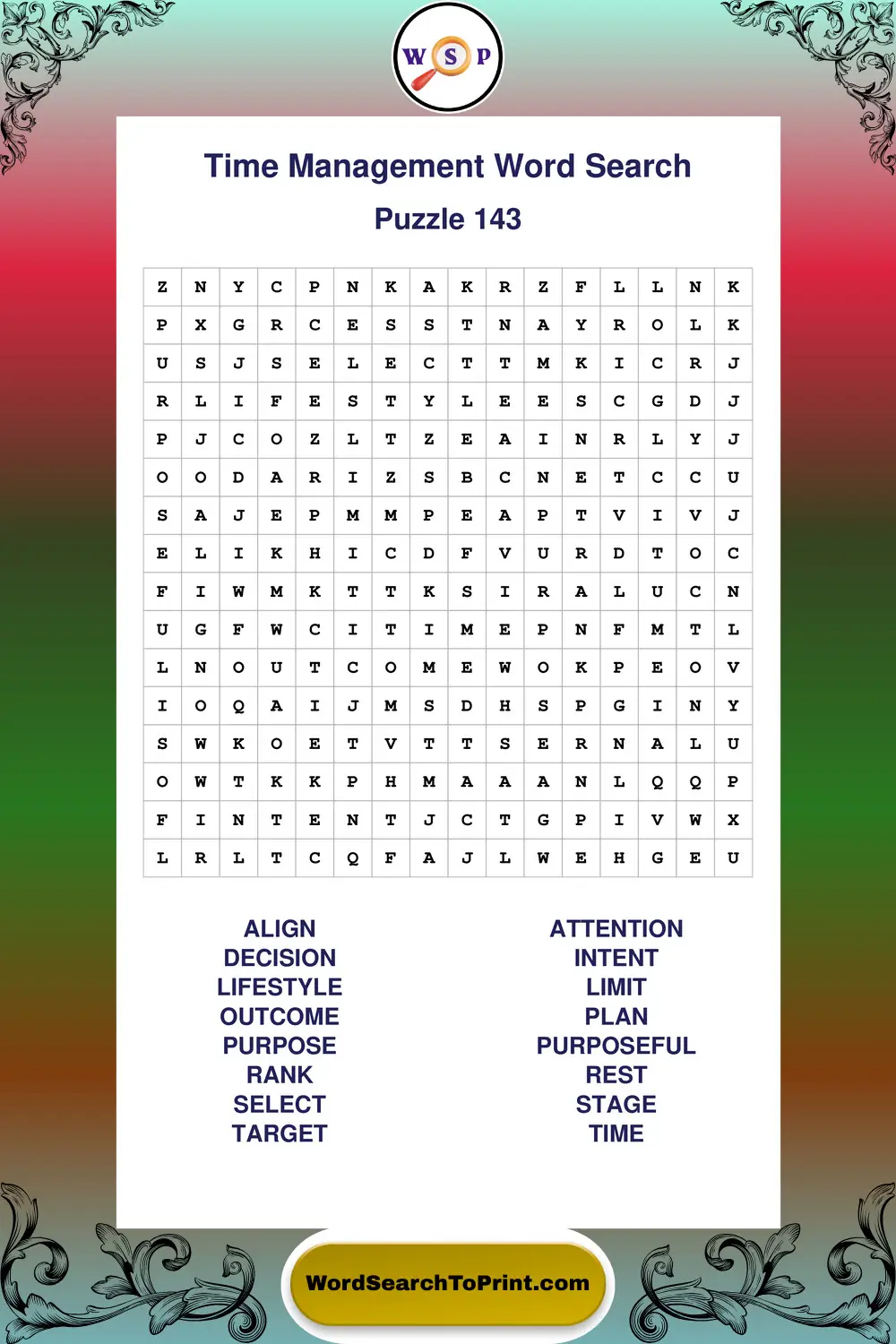 Time Management Word Search Puzzle 143