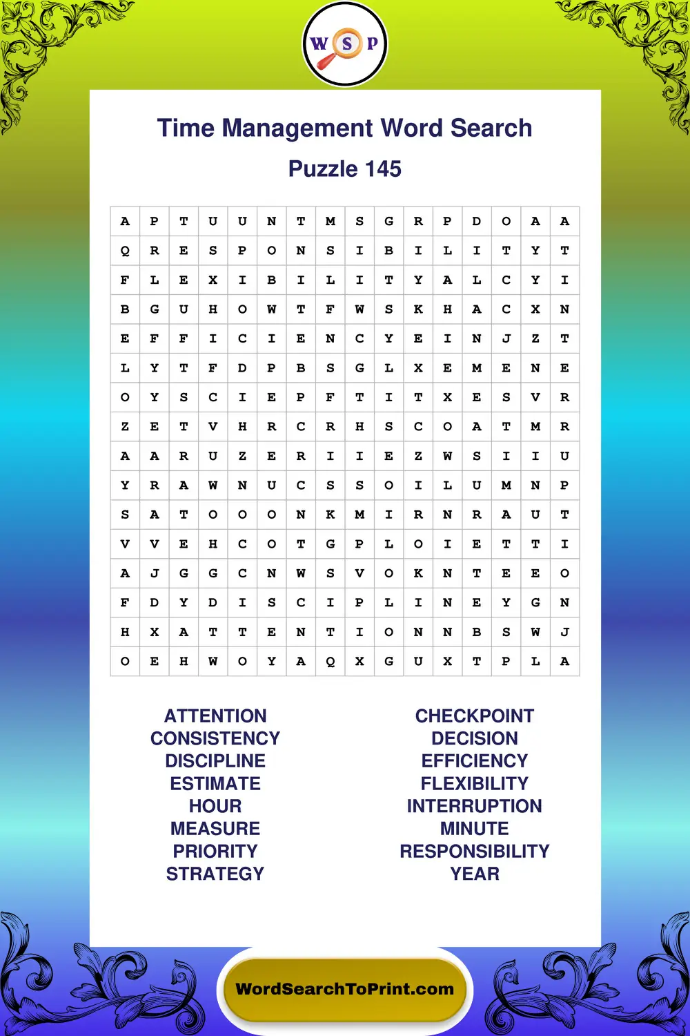 Time Management Word Search Puzzle 145