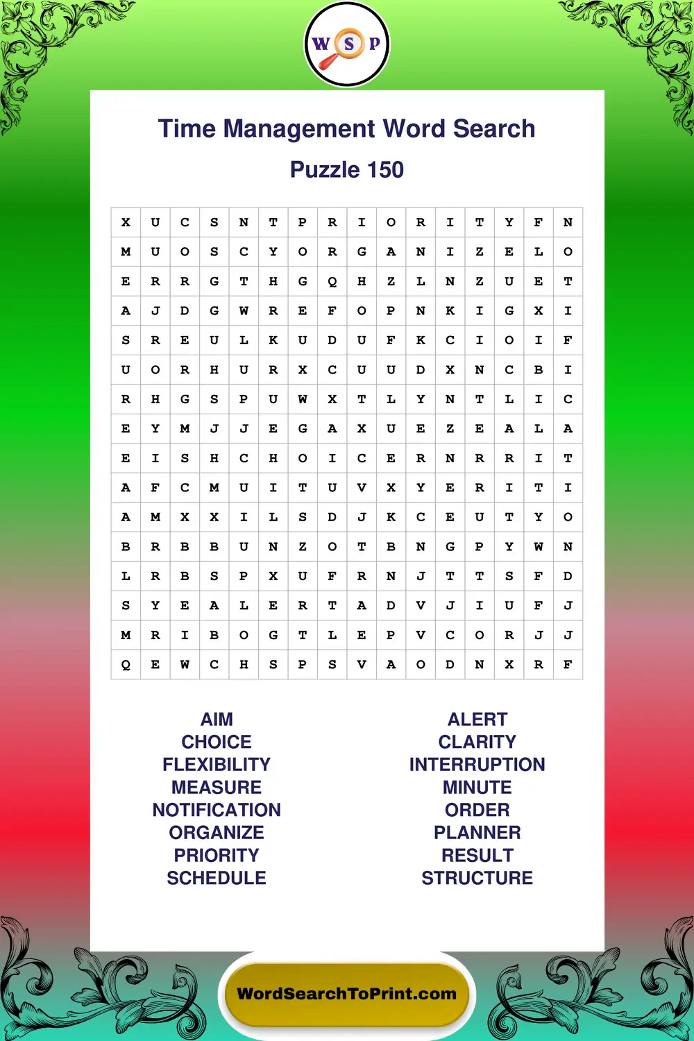 Time Management Word Search Puzzle 150