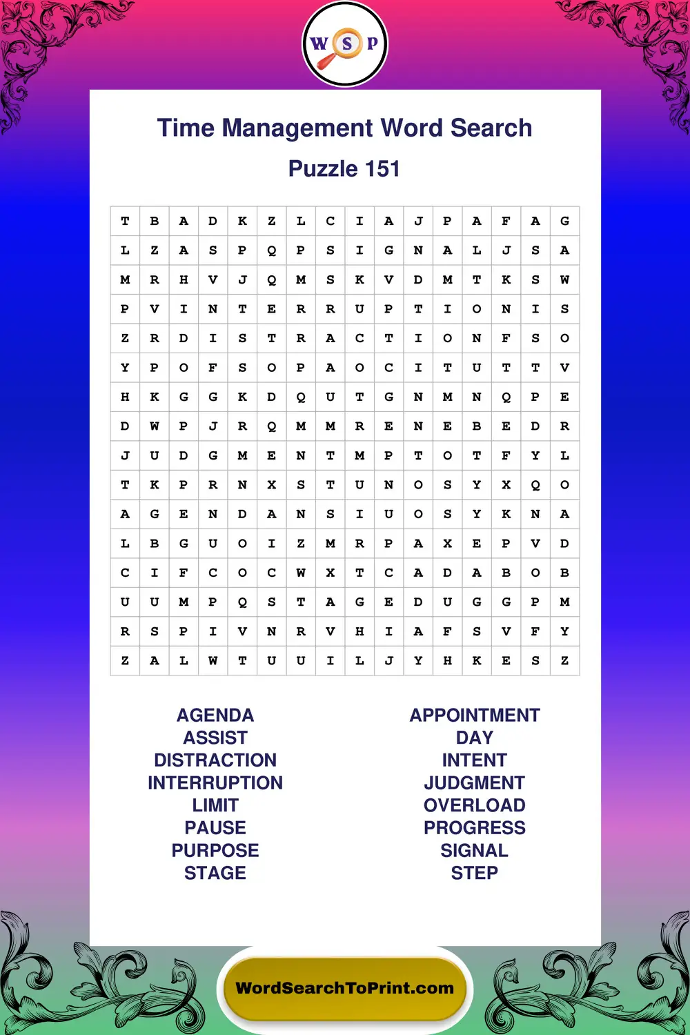 Time Management Word Search Puzzle 151