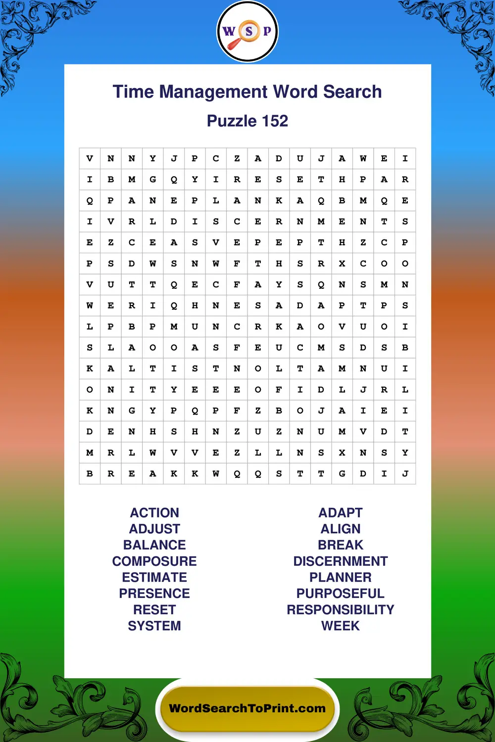 Time Management Word Search Puzzle 152