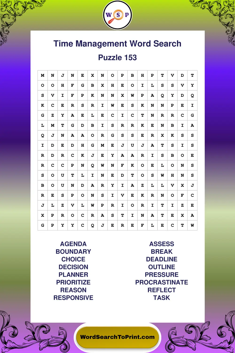 Time Management Word Search Puzzle 153