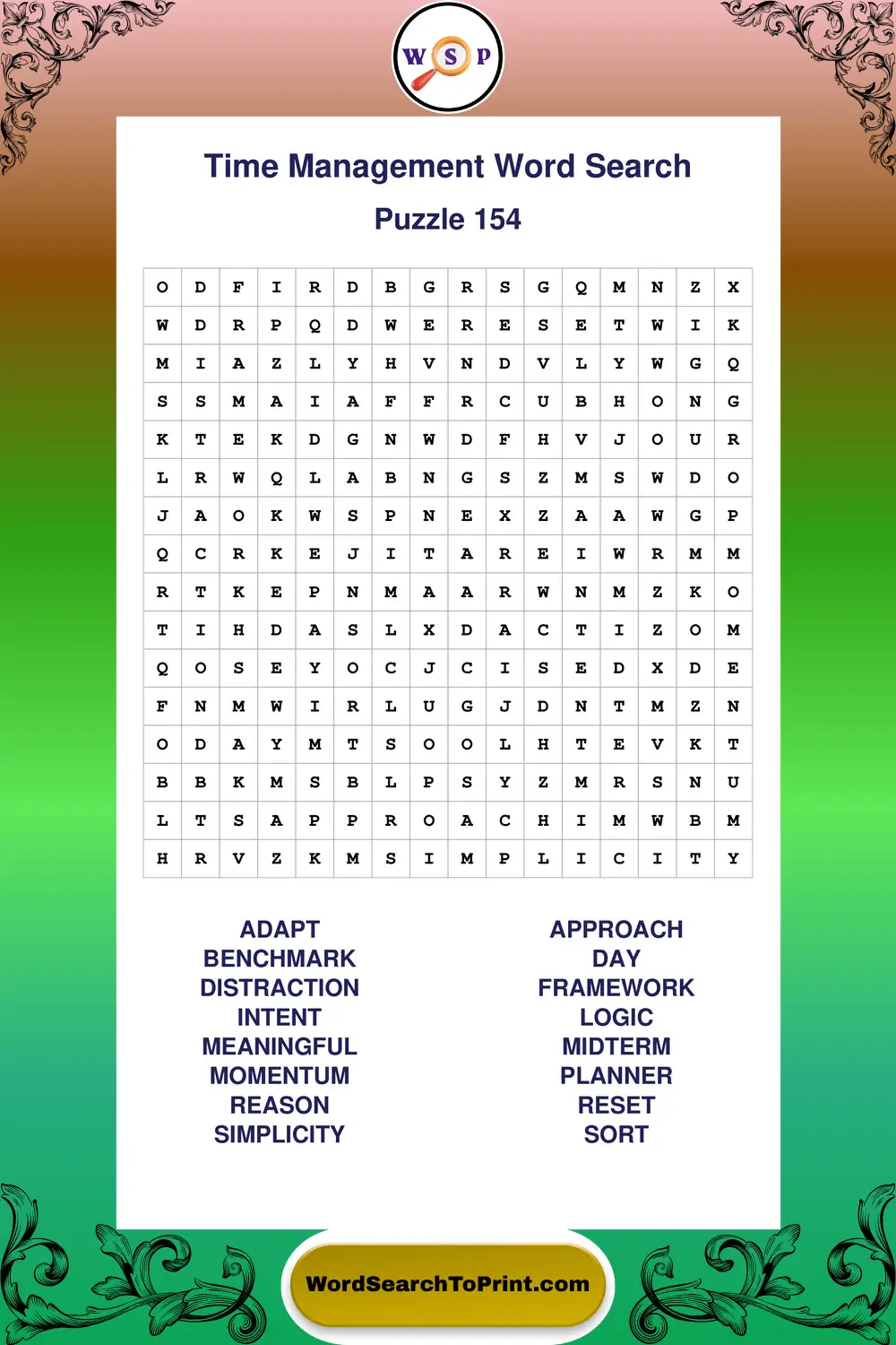 Time Management Word Search Puzzle 154