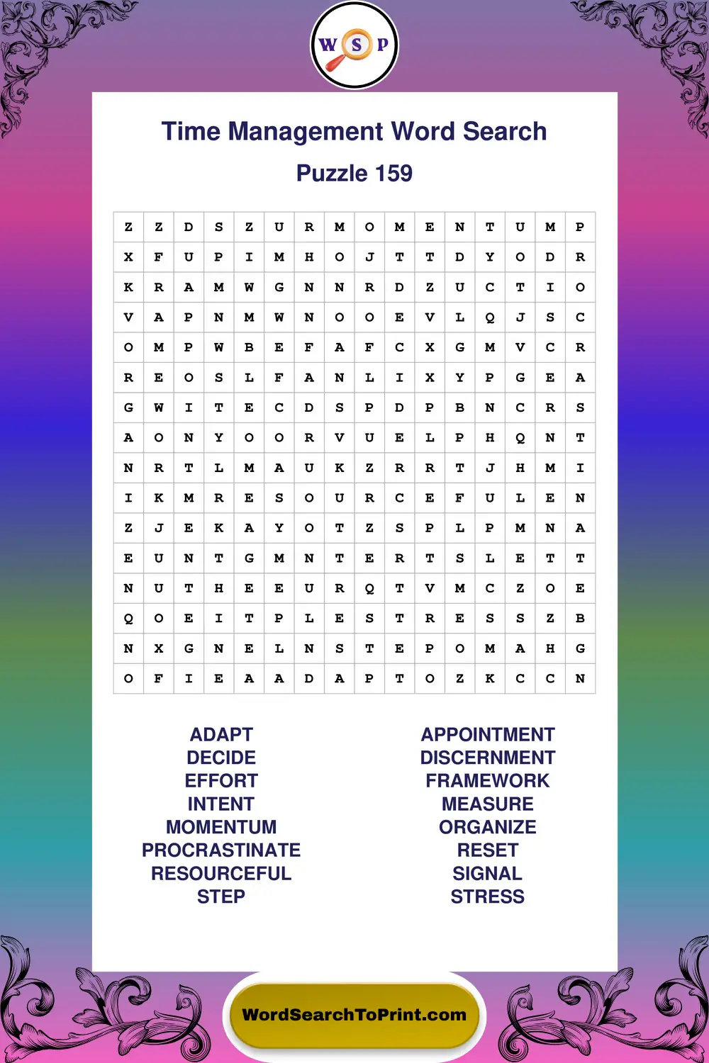 Time Management Word Search Puzzle 159