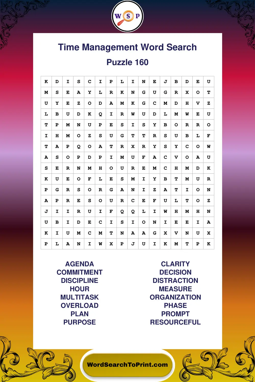Time Management Word Search Puzzle 160