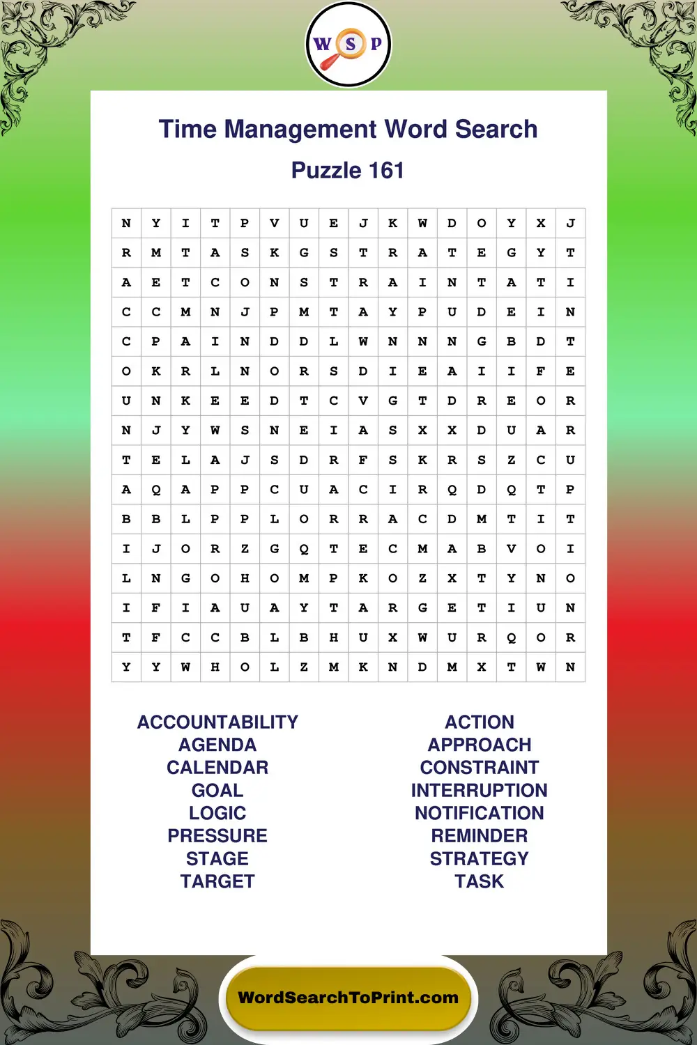 Time Management Word Search Puzzle 161