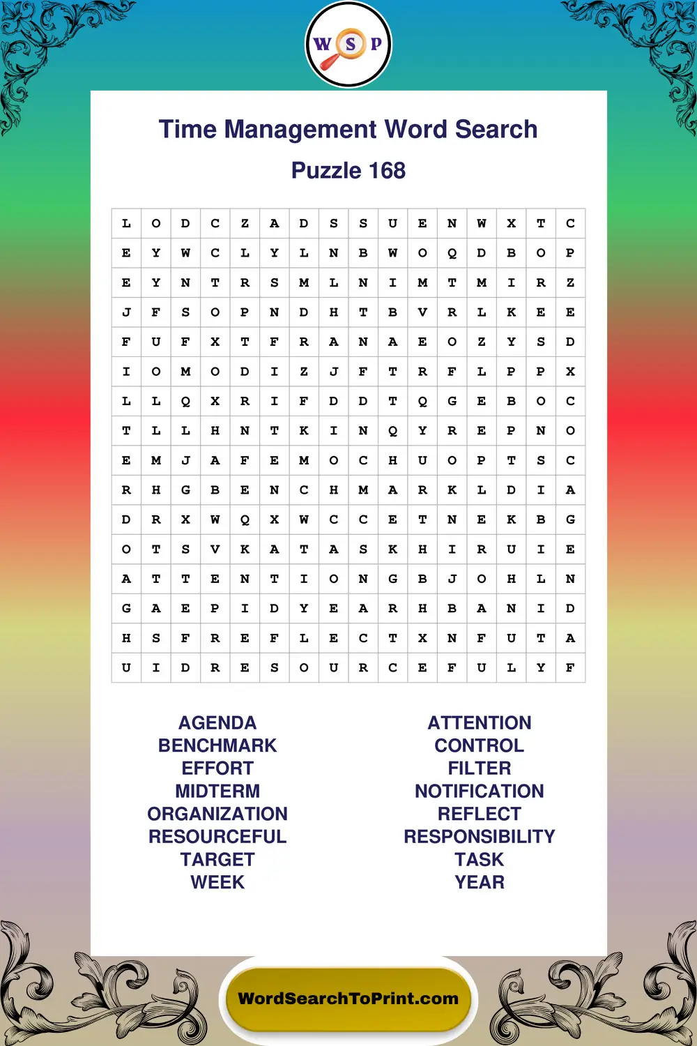 Time Management Word Search Puzzle 168