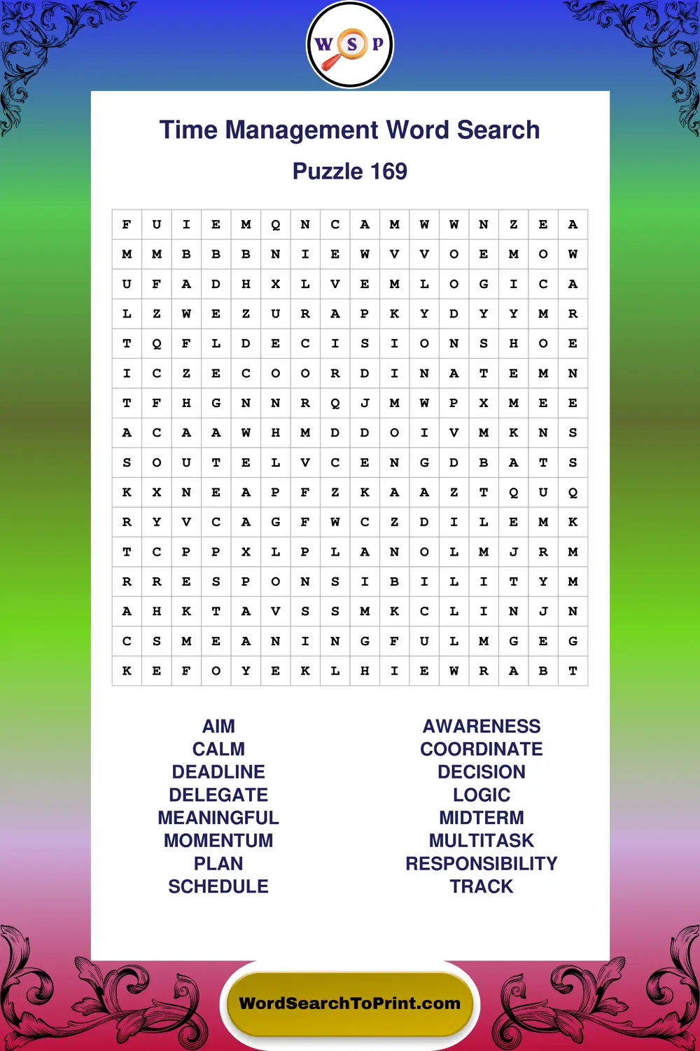 Time Management Word Search Puzzle 169