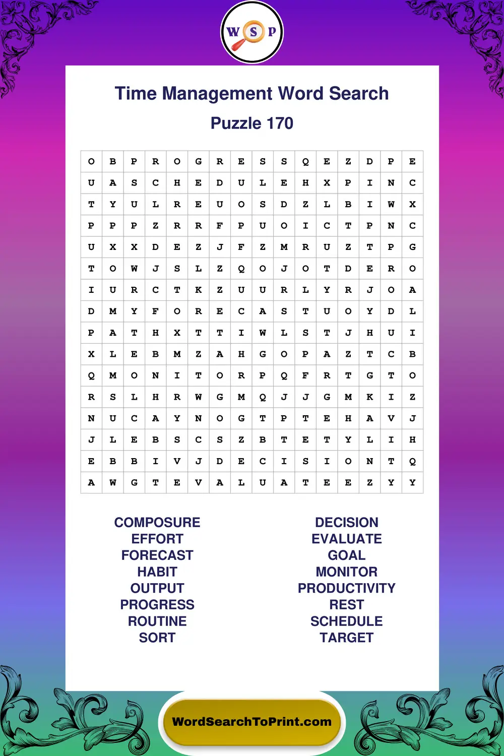 Time Management Word Search Puzzle 170