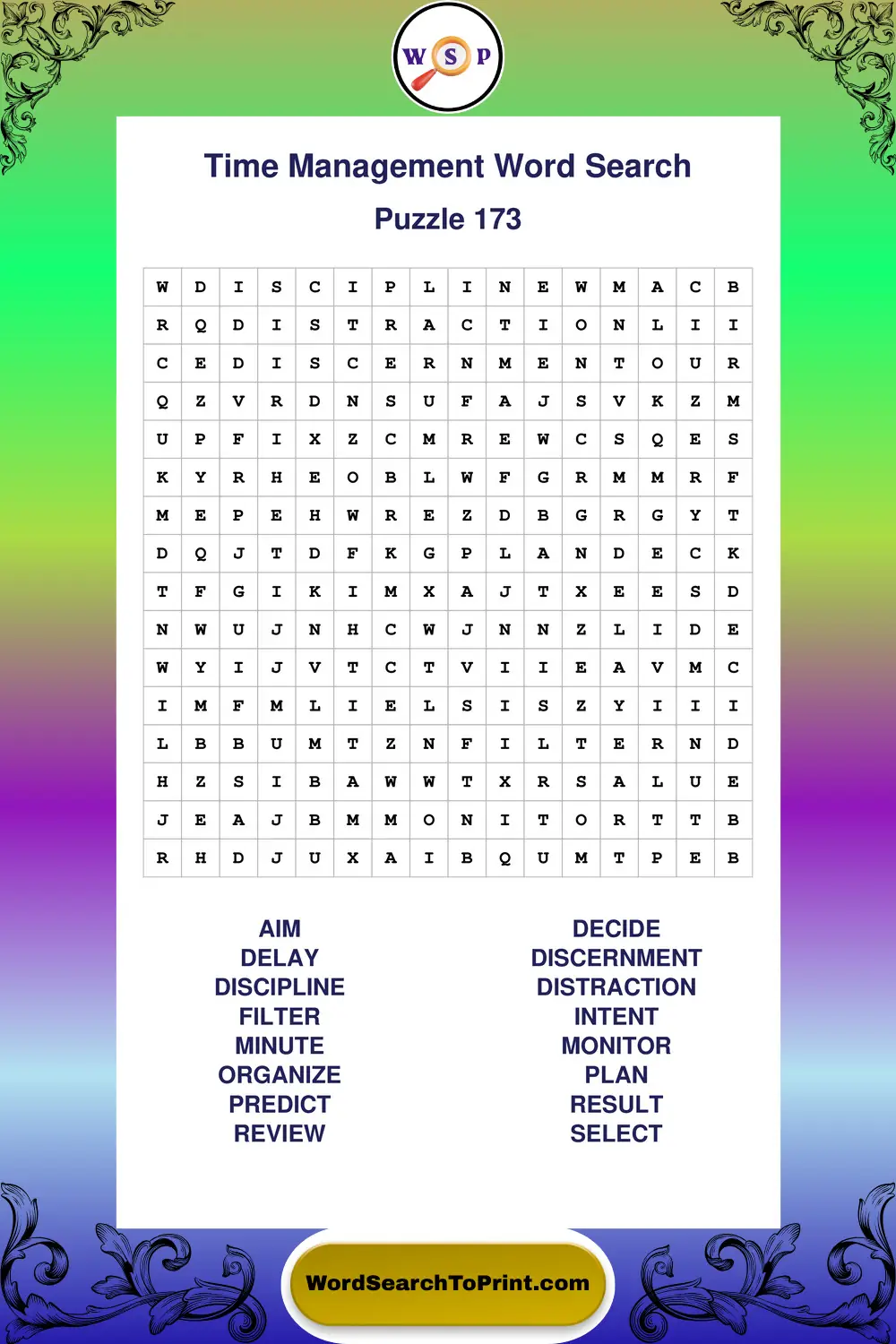 Time Management Word Search Puzzle 173
