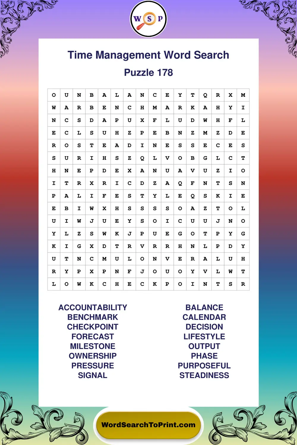 Time Management Word Search Puzzle 178
