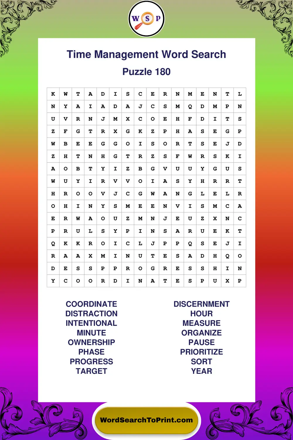 Time Management Word Search Puzzle 180