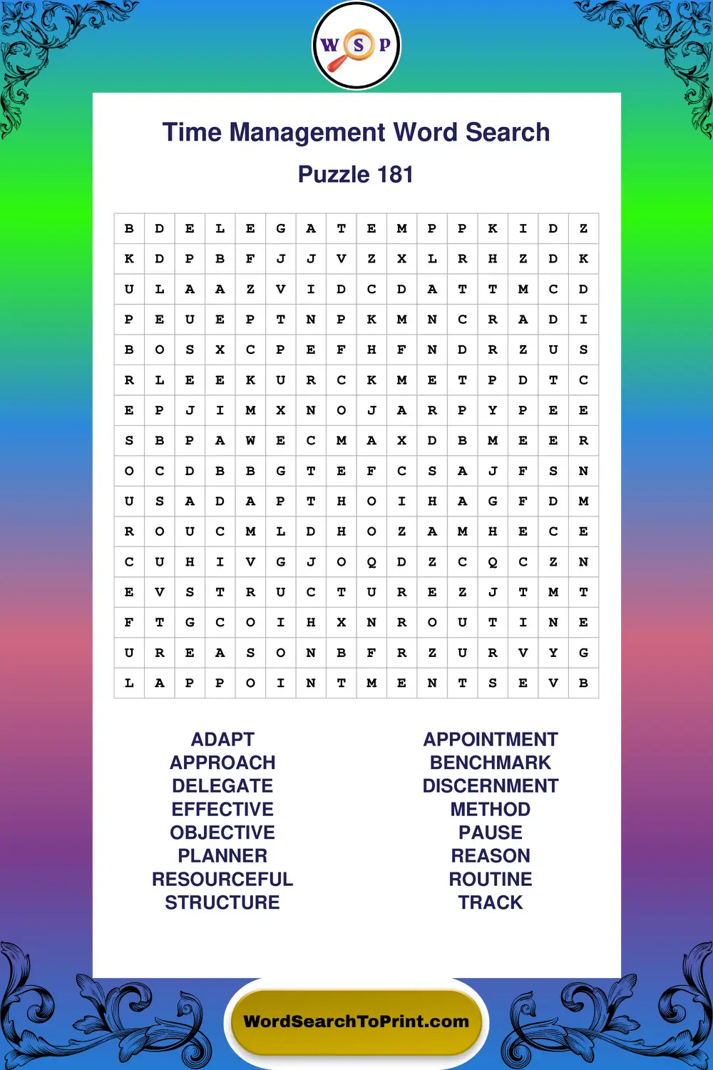 Time Management Word Search Puzzle 181
