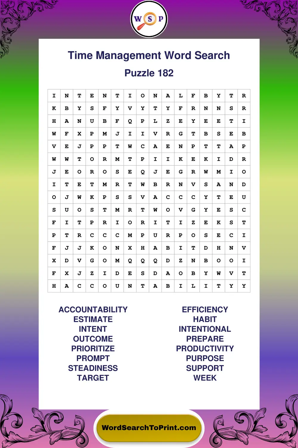 Time Management Word Search Puzzle 182