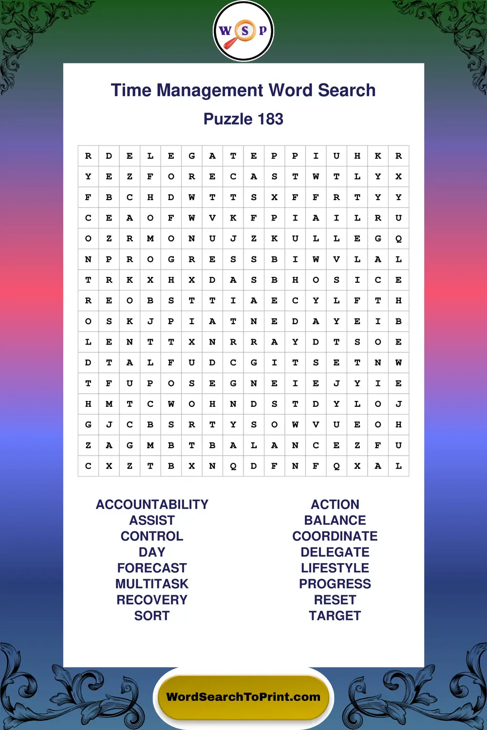 Time Management Word Search Puzzle 183