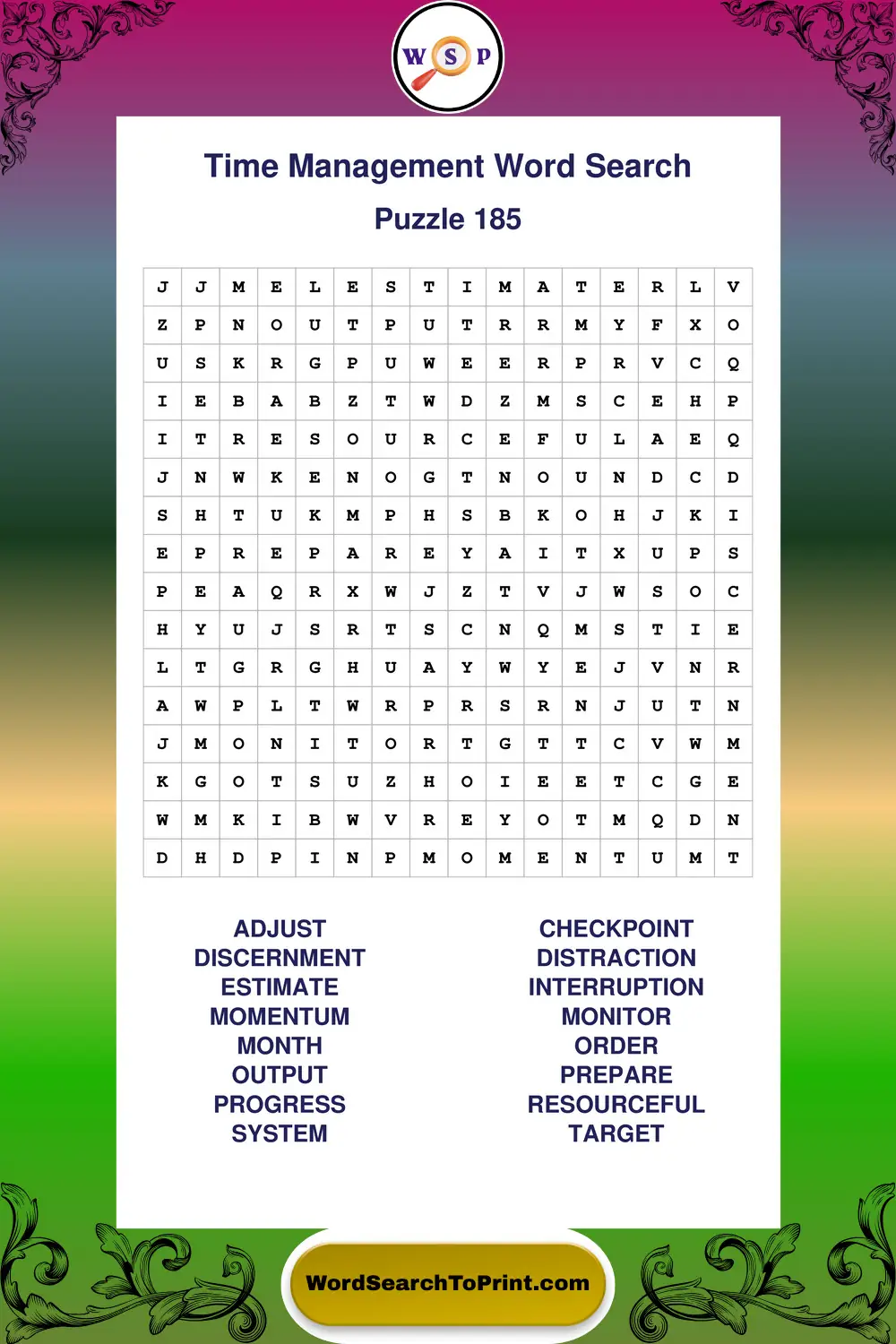 Time Management Word Search Puzzle 185