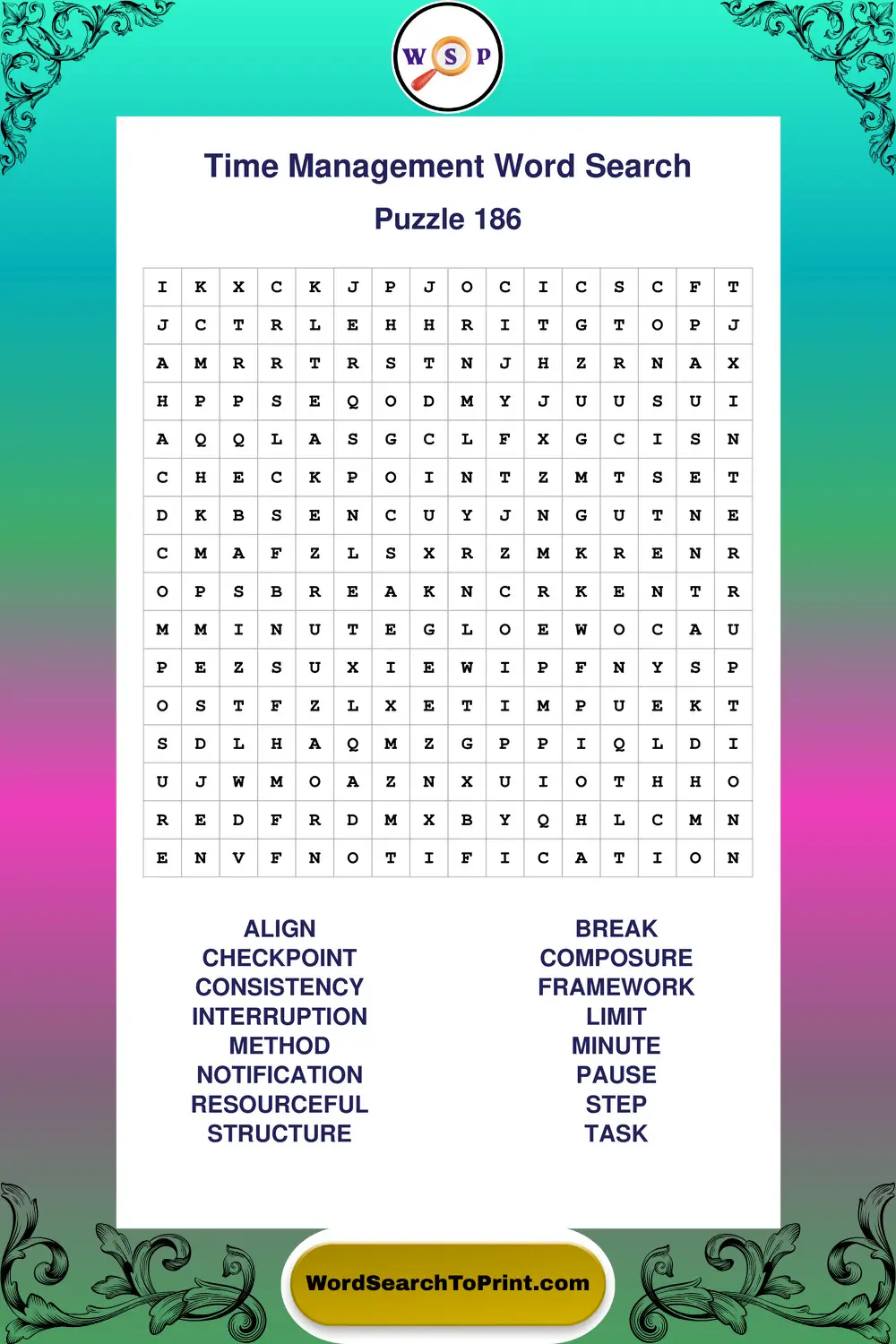 Time Management Word Search Puzzle 186