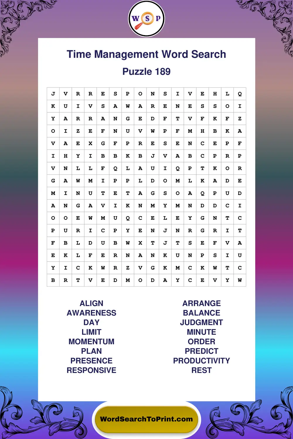 Time Management Word Search Puzzle 189