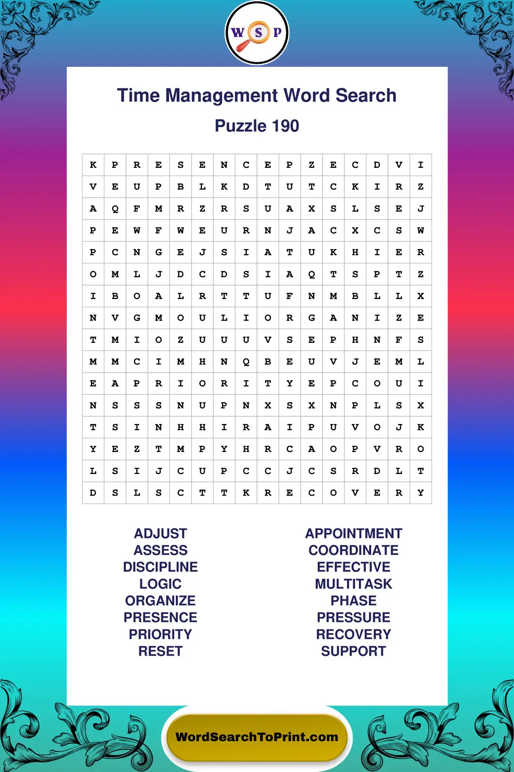 Time Management Word Search Puzzle 190