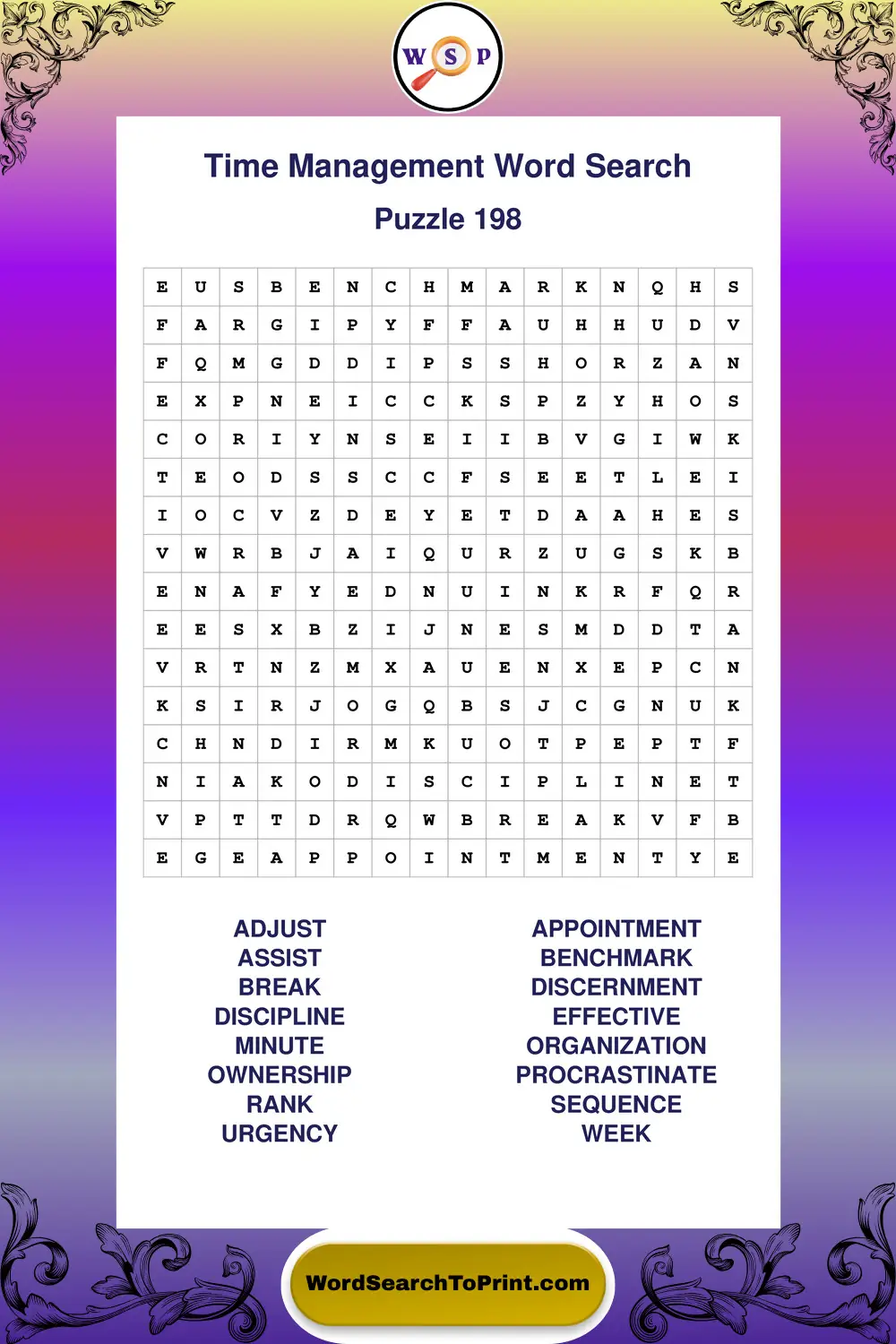 Time Management Word Search Puzzle 198