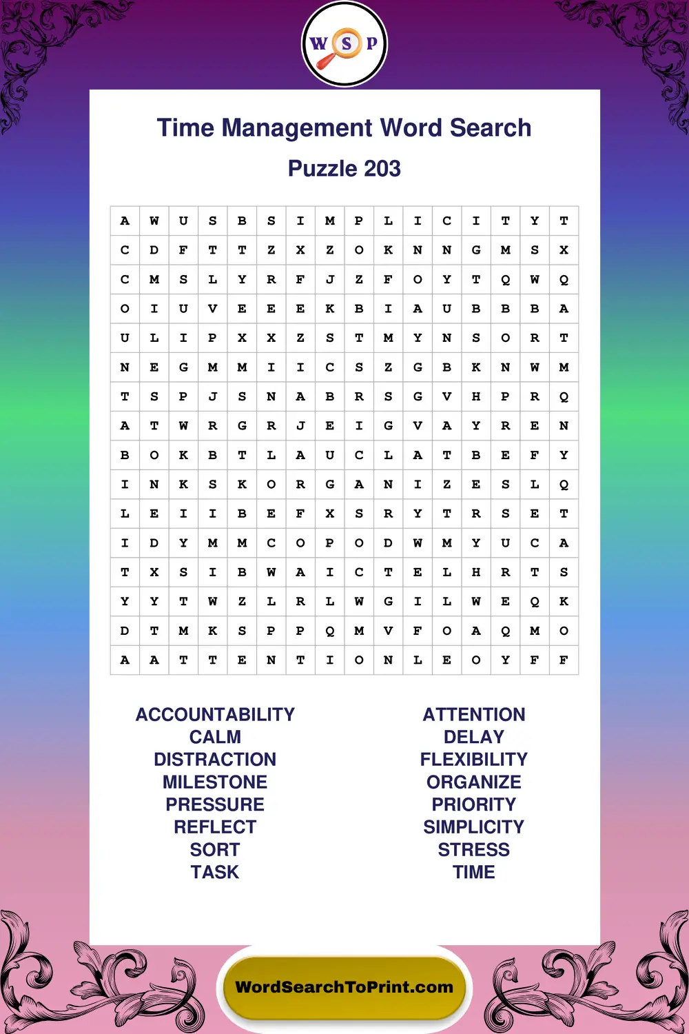 Time Management Word Search Puzzle 203