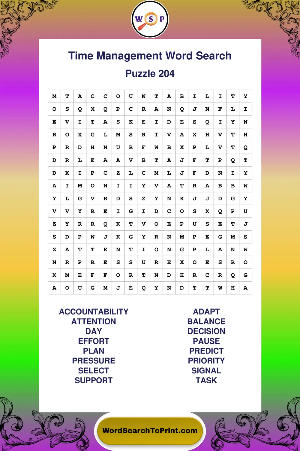 Time Management Word Search Puzzle 204