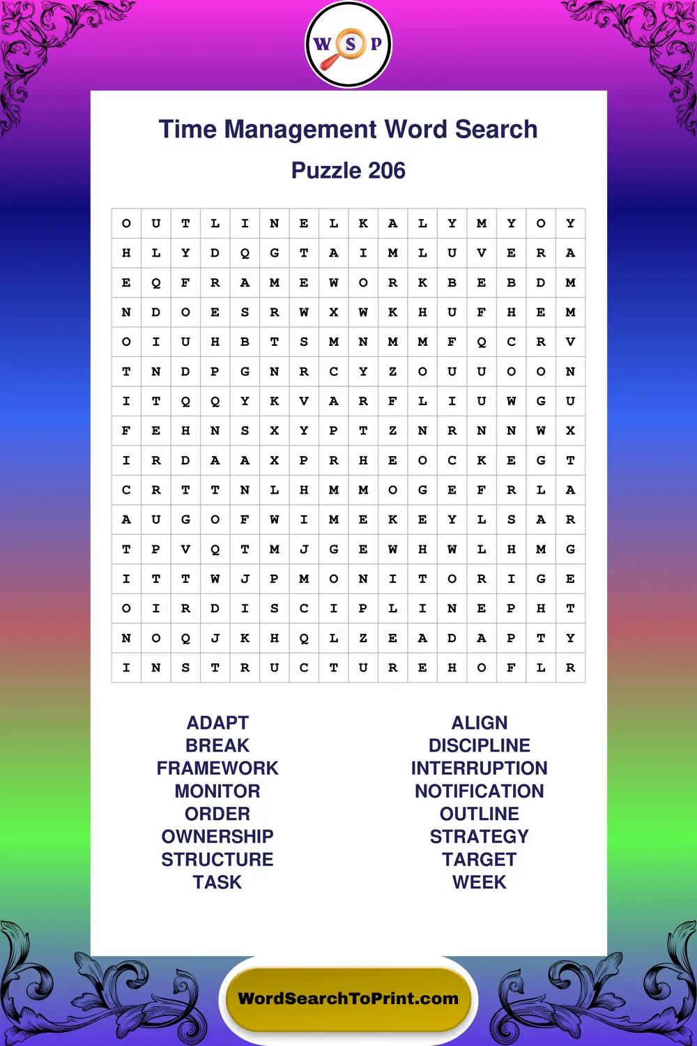 Time Management Word Search Puzzle 206